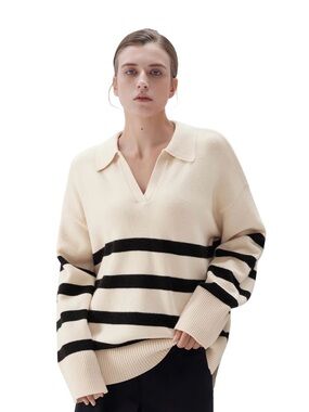 Relaxed V-Neck Collar Sweater in Cream with Black Stripes